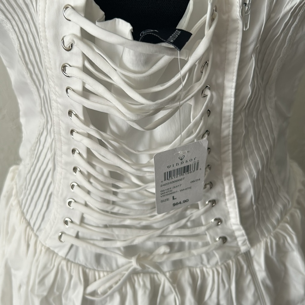 NWT white mini coquette corset lace up lace puff waist brassiere top w bow dress - Picture 5 of 8